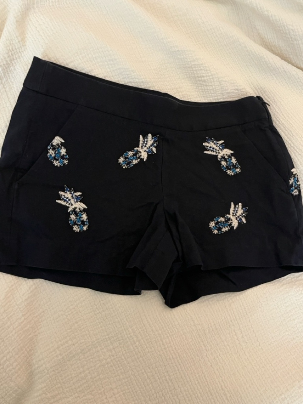LOFT Black High-Waist Shorts with Blue & White Pineapple Embroidery